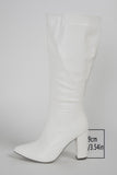 White Wide Calf Pointed Toe Knee High Chunky Heel Boots