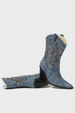Dark Blue Wide Calf Pointed Toe Chunky Heel Embroidered Cowgirl Boots