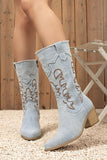 Dark Blue Pointed Toe Mid Calf Chunky Heel Embroidered Cowgirl Boots