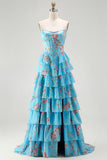 Blue Floral Tiered Strapless Corset A Line Prom Dress