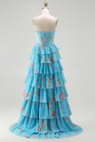 Blue Floral Tiered Strapless Corset A Line Prom Dress