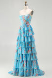 Blue Floral Tiered Strapless Corset A Line Prom Dress