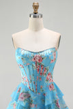 Blue Floral Tiered Strapless Corset A Line Prom Dress