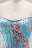 Blue Floral Tiered Strapless Corset A Line Prom Dress