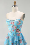 Blue Floral Tiered Strapless Corset A Line Prom Dress