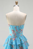 Blue Floral Tiered Strapless Corset A Line Prom Dress