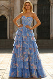 Strapless Dark Blue Floral Tiered Ruffle Corset A Line Long Prom Dress