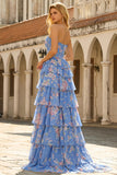 Strapless Dark Blue Floral Tiered Ruffle Corset A Line Long Prom Dress