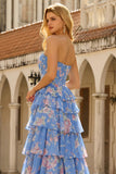Strapless Dark Blue Floral Tiered Ruffle Corset A Line Long Prom Dress