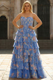 Strapless Dark Blue Floral Tiered A Line Corset Plus Size Long Prom Dress with Ruffles