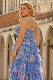 Strapless Dark Blue Floral Tiered A Line Corset Plus Size Long Prom Dress with Ruffles