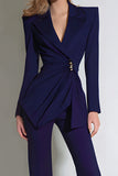 Navy Notched Lapel Ruched 2-Piece Women Suits