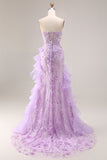 Mermaid Lilac Beaded Sequin 3D Flowers Sweetheart Long Prom Dress with Slit