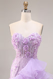 Mermaid Lilac Beaded Sequin 3D Flowers Sweetheart Long Prom Dress with Slit