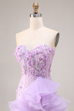 Mermaid Lilac Beaded Sequin 3D Flowers Sweetheart Long Prom Dress with Slit