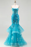 Sparkly Blue Appliqued Corset Mermaid Prom Dress