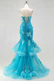 Sparkly Blue Appliqued Corset Mermaid Prom Dress