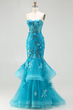 Sparkly Blue Appliqued Corset Mermaid Prom Dress