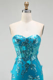 Sparkly Blue Appliqued Corset Mermaid Prom Dress