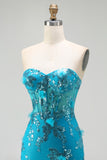 Sparkly Blue Appliqued Corset Mermaid Prom Dress