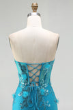 Sparkly Blue Appliqued Corset Mermaid Prom Dress