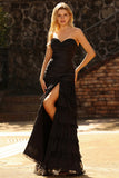 Black Mermaid Sweetheart Ruched Beaded Long Prom Dress with Ruffles