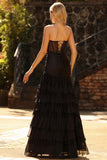 Black Mermaid Sweetheart Ruched Beaded Long Prom Dress with Ruffles