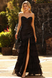 Black Mermaid Sweetheart Ruched Beaded Long Prom Dress with Ruffles