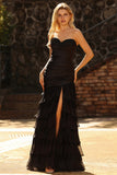 Black Mermaid Sweetheart Ruched Beaded Long Prom Dress with Ruffles