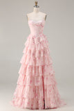 Tiered Pink Red Floral Corset Beaded Prom Dress