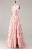 Tiered Pink Red Floral Corset Beaded Prom Dress