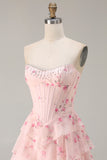 Tiered Pink Red Floral Corset Beaded Prom Dress