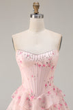 Tiered Pink Red Floral Corset Beaded Prom Dress