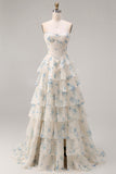 Tiered Pink Red Floral Corset Beaded Prom Dress