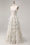 Tiered Pink Red Floral Corset Beaded Prom Dress