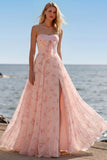 Yellow Blue Flower Corset Strapless A Line Long Prom Dress With Slit