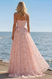 Yellow Blue Flower Corset Strapless A Line Long Prom Dress With Slit
