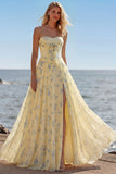 Yellow Blue Flower Corset Strapless A Line Long Prom Dress With Slit