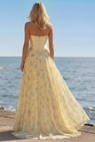Yellow Blue Flower Corset Strapless A Line Long Prom Dress With Slit