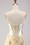 Yellow Blue Flower Corset Strapless A Line Long Prom Dress With Slit