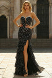 Mermaid Black White Dot Beaded Corset Tiered Strapless Prom Dress with Slit