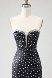 Black White Dot Corset Strapless Prom Dress with Ruffles