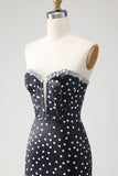 Black White Dot Corset Strapless Prom Dress with Ruffles