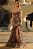 Coffee Leopard Corset Ruffled Strapless Prom Dress