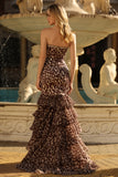 Coffee Leopard Corset Ruffled Strapless Prom Dress