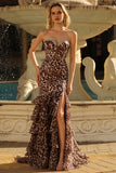 Coffee Leopard Corset Ruffled Strapless Prom Dress