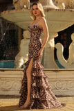 Coffee Leopard Corset Ruffled Strapless Prom Dress