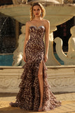 Coffee Leopard Corset Ruffled Strapless Prom Dress