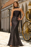Black White Dot Mermaid Strapless Long Prom Dress With Ribbon