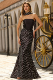 Black White Dot Mermaid Strapless Long Prom Dress With Ribbon